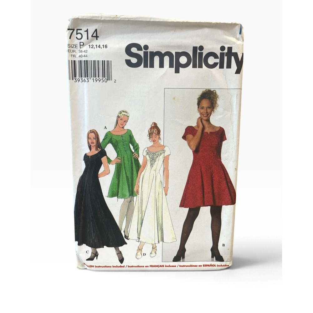 Simplicity 7514 Misses Dress P 12 14 16 A-Line Flare 90s Vintage Uncut FF